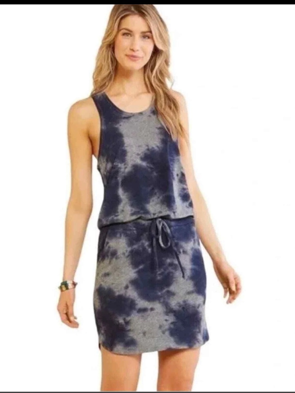 Sundry Evereve Tie Dye Blue Drawstring Racerback Jersey Knit Dress Size 0 (XS)
